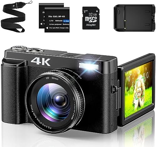 4K Digital Camera for Photography with 3'' 180°Flip Screen, Autofocus 48MP Vlogging Cameras for YouTube Compact Camera with 16X Digital Zoom 32GB SD Card, 2 Batteries and Charging Stand for Travel
