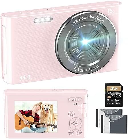 Digital Camera,NIKICAM Kids Camera 2.7K 44MP with 32GB SD Card, 2.4 Inch Point and Shoot Camera with 16X Digital Zoom, Small Compact Digital Camera for Teens Students Boys Girls Seniors（Pink4）