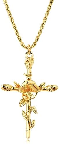 LADYGD Cross Necklace for Women 14K Gold Plated Birth Flower Necklaces Rope Cross Pendant Fashion Jewelry Birthday Gifts for Girls 12 Month