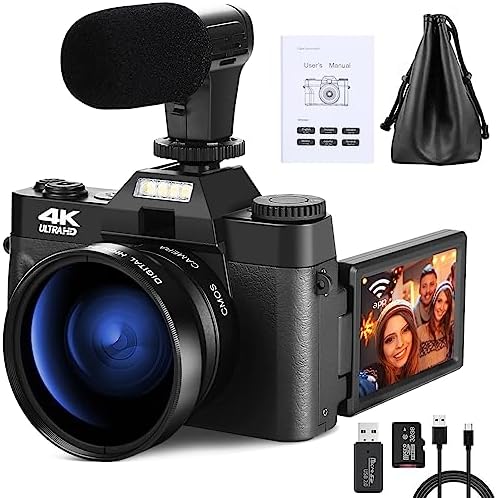 Monitech Compact Digital Camera, 4K Vlogging Camera with Wide-Angle & Macro Lens, Camera for Photography with External Mic, 32GB TF Card