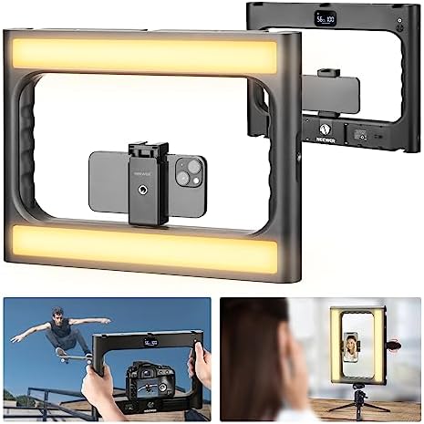 NEEWER A111 II Smartphone Video Rig with Light Kit Support Vertical Shoot Handheld Phone Camera Cage Stabilizer Cold Shoes/Shutter/Battery Square Ring Light 360 Photo Booth Spinner for YouTube TikTok