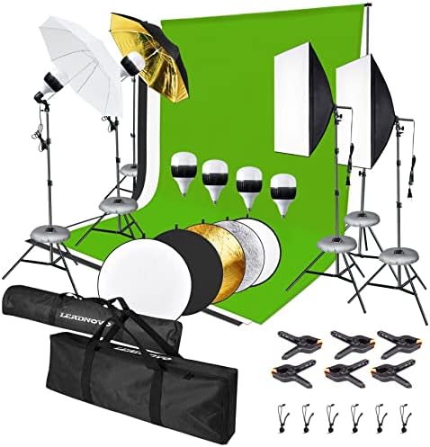Photography Softbox Lighting Kit, 6.5 x 10ft Backdrop Stand System and E27 60W 5500K CFL Bulbs Softbox and Umbrellas Continuous Photo Lighting with Green/White/Black Backgrounds