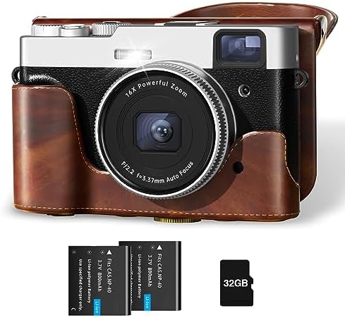 Upgraded 4K Digital Camera with Leather Case, 48MP Vlogging Cameras for Photography and Video with Viewfinder, 16X Zoom Autofocus Compact Point and Shoot Camera for YouTube with 32G Card & 2 Batteries