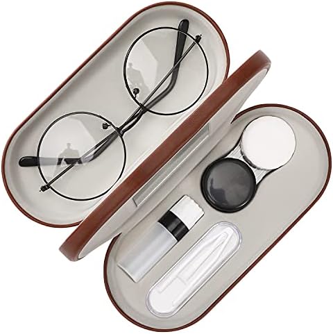 MoKo Double Eyeglass Case, Contact Lens Case with Mirror Tweezers Remover, 2 in 1 Double Sided Portable Contact Lens Box Holder Container Soak Storage Kit Sunglasses Pouch for Men & Women, Brown