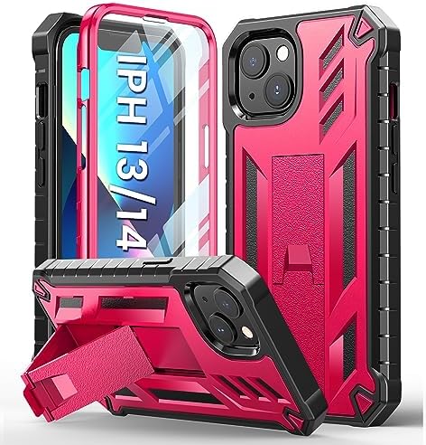 for iPhone 13 Case Protective Cover: iPhone 14 case Heavy Duty Military Grade Hard Protection Shock Proof | Durable Dual-Layer Design iPhone 13-14 Phone Case with Built-in Kickstand (Rose Carmine)